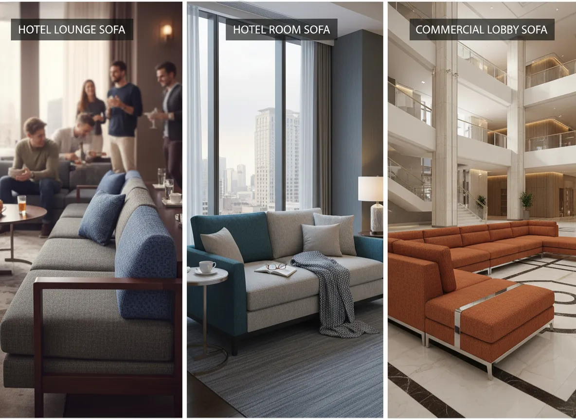 An illustration showing three types of hotel sofas: a durable ergonomic lounge sofa in a busy social area, a compact and comfortable sofa in a modern hotel guest room, and a strong modular commercial lobby sofa in a spacious hotel lobby. Each sofa is shown in its appropriate setting with realistic textures, high-end design details, and labels indicating its type